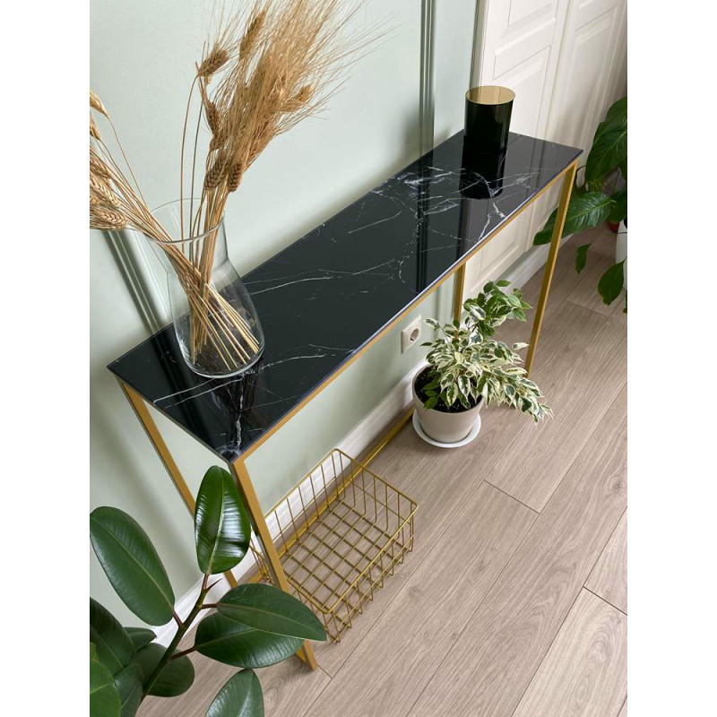 Журнальный столик стекло под мрамор черный/каркас золото