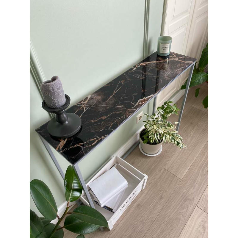 Журнальный столик стекло под мрамор бурый/каркас серый