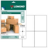 Этикетка самоклеящаяся 105х148,5 мм, 4 этикетки, белая, 70 г/м2, 50 л., LOMOND, 2100025