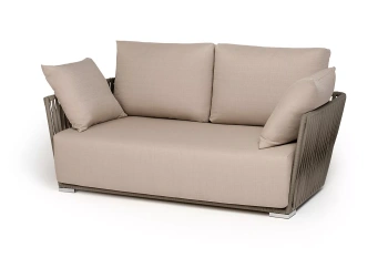 "Форли" диван 2-местный плетеный из роупа, каркас алюминий светло-серый (RAL7035) муар, роуп серо-коричневый 23мм, ткань Mossle бежеваяцвет серо-коричневый