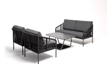 "Канны" лаунж-зона 4-местная из роупа узелкового плетения, каркас алюминий, роуп темно-серыйцвет Темно-серый