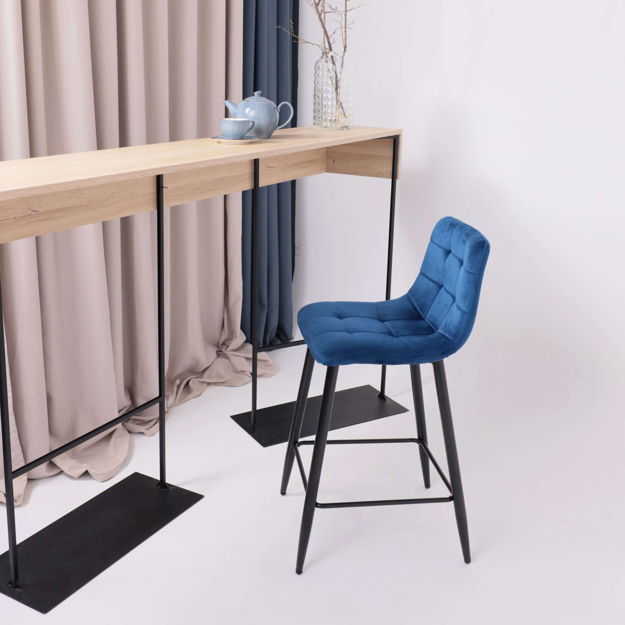 Стул барный Mia, синий, велюр