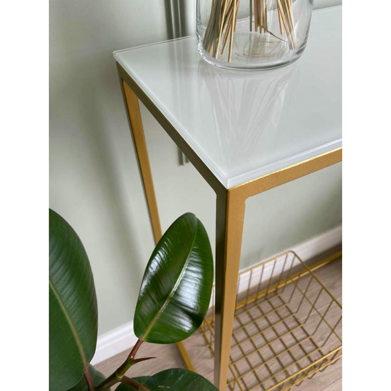 Журнальный столик стекло белый/каркас золото