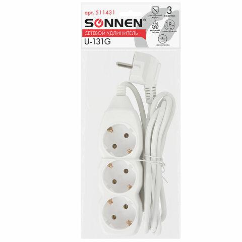 Удлинитель сетевой SONNEN U-131G, 3 розетки, c заземлением, 10 А, 1,8 м, белый, 511431