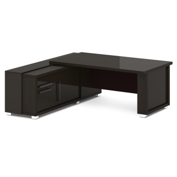 Стол руководителя с греденцией, глянцевая столешница L-216 пр/л Graceцвет Дуб Линдберг Темный и Мокачино