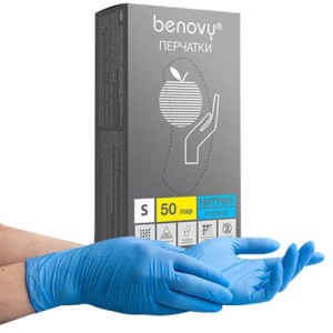 Перчатки нитриловые смотровые 50 пар (100 шт.) размер S, голубые, BENOVY Nitrile Chlorinated, ЧЗ, М