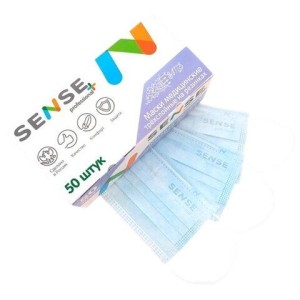 Маски медицинские SENSE одноразовые КОМПЛЕКТ 50 штук короб, 3-х слойные, мельтблаун, голубые