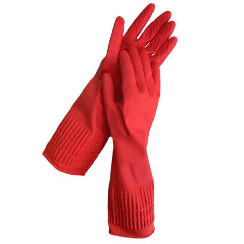 Перчатки МНОГОРАЗОВЫЕ латексные c ДЛИННОЙ МАНЖЕТОЙ 25 см, хлопковое напыление, СУПЕРПЛОТНЫЕ, размер 7-8, M (средний), красные, LAIMA, 700529