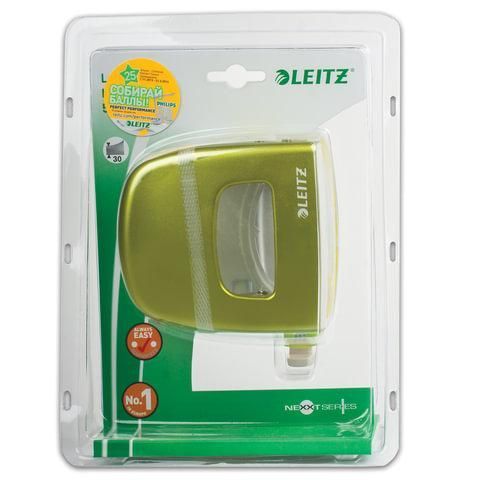 Дырокол металлический LEITZ "NeXXt WOW", до 30 листов, зеленый металлик, блистер, 50082064