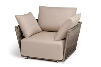 "Форли" кресло плетеное из роупа, каркас алюминий светло-серый (RAL7035) муар, роуп серо-коричневый 23мм, ткань Mossle бежеваяцвет серо-коричневый