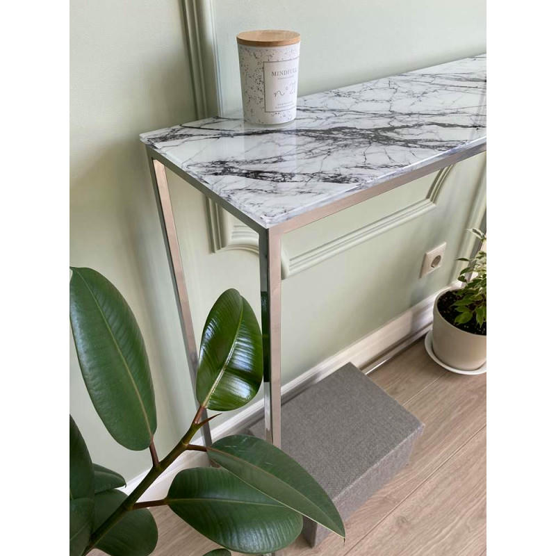 Журнальный столик стекло под мрамор белый/каркас хром