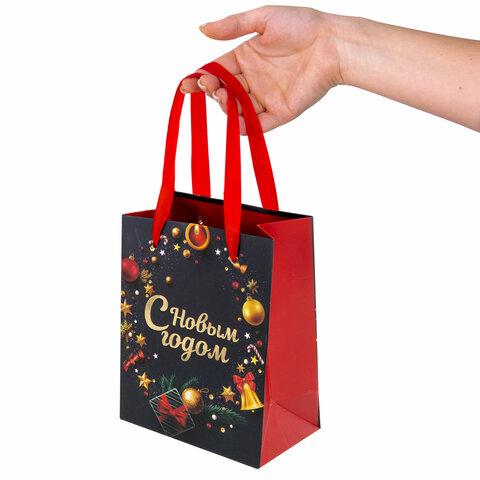 Пакет подарочный новогодний 11,4x6,4x14,6 см ЗОЛОТАЯ СКАЗКА "New Year" фольга, чёрный/красный, 608228
