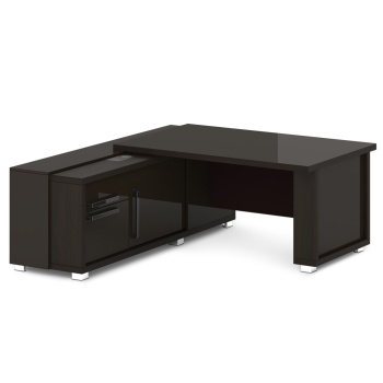 Стол руководителя с тумбой и греденцией (с блоком розеток), глянцевая столешница L-21 пр/л Graceцвет Дуб Линдберг Темный и Мокачино