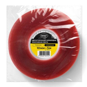 Монтажная прозрачная суперпрочная двухсторонняя лента 10 мм х 5 м, акриловая, толщина 1 мм, WBZ (ВБЗ), 700423