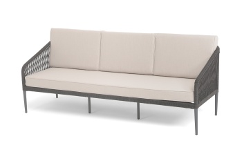 "Канны" диван 3-местный плетеный из роупа, каркас алюминий темно-серый (RAL7024) муар, роуп темно-серый круглый, ткань бежевая 035цвет Темно-серый