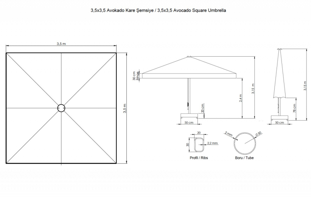 Зонт профессиональный 3.5х3.5 м Avocado серебристый, серый