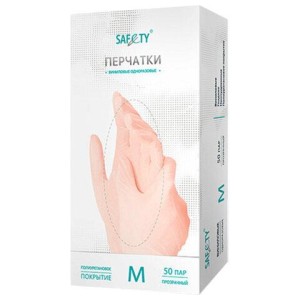 Перчатки виниловые смотровые 50 пар (100 штук) размер M (средний) прозрачные SAF&TY, ЧЗ, шк3527