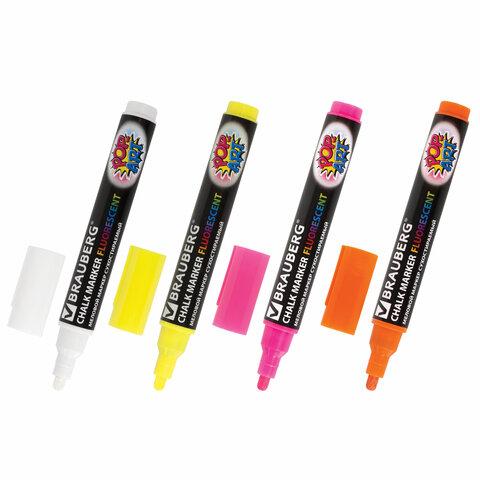 Маркеры меловые BRAUBERG "POP-ART", НАБОР 4 шт., сухостираемые, для гладких поверхностей, 5 мм, АССОРТИ, 151535