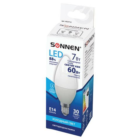 Лампа светодиодная SONNEN, 7 (60) Вт, цоколь Е14, свеча, нейтральный белый свет, 30000 ч, LED C37-7W-4000-E14, 453712