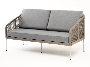 "Канны" диван 2-местный плетеный из роупа, каркас алюминий светло-серый (RAL7035) муар, роуп серый меланж круглый, ткань светло-сераяцвет серый меланж