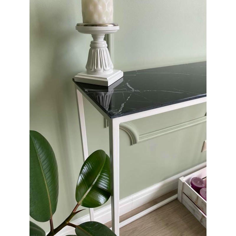 Журнальный столик стекло под мрамор черный/каркас белый