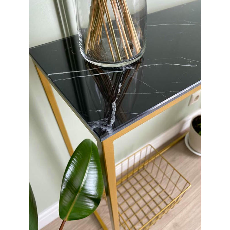 Журнальный столик стекло под мрамор черный/каркас золото