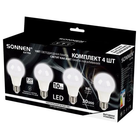 Лампа светодиодная SONNEN EXTRA, 10 (85) Вт, КОМПЛЕКТ 4 шт., Е27, нейтральный белый, 30000 ч, LED A60-10W-4000-Е27, 457893