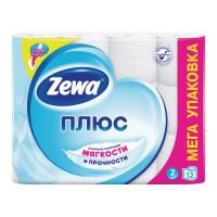 Бумага туалетная бытовая, спайка 12 штук, 2-х слойная (12х23 м), ZEWA Plus, белая, 144090
