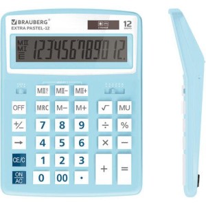 Калькулятор настольный BRAUBERG EXTRA PASTEL-12-LB (206x155 мм), 12 разрядов, двойное питание, ГОЛУБОЙ, 250486