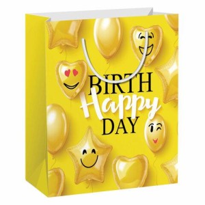 Пакет подарочный (1 штука) 11x6x15 см, ЗОЛОТАЯ СКАЗКА "Happy Birthday", глиттер, желтый, 608237