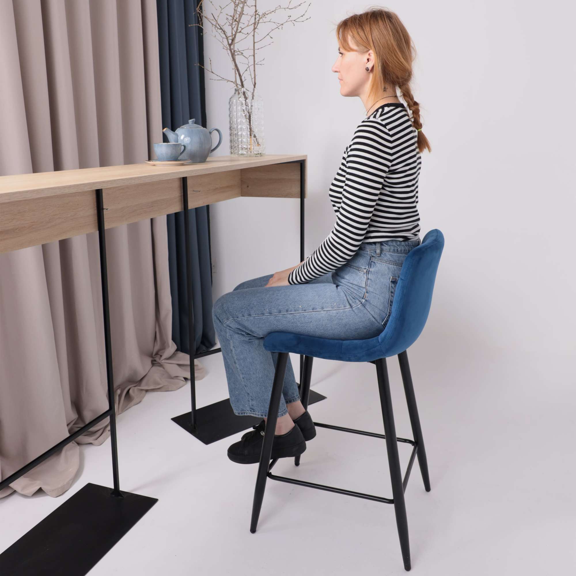 Стул барный Mia, синий, велюр