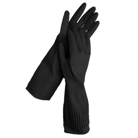 Перчатки МНОГОРАЗОВЫЕ латексные c ДЛИННОЙ МАНЖЕТОЙ 25 см, хлопковое напыление, СУПЕРПЛОТНЫЕ, размер 7-8, M (средний), черные, LAIMA, 700531