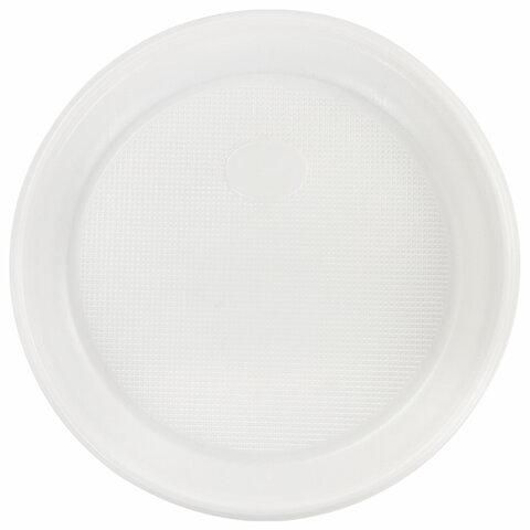 Одноразовые тарелки десертные, КОМПЛЕКТ 100 шт., пластик, d=170 мм, БЮДЖЕТ, белые, ПС, холодное/горячее, ЛАЙМА, 600942
