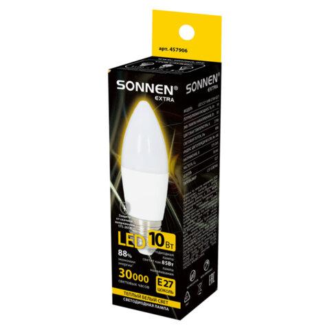 Лампа светодиодная SONNEN EXTRA, 10 (85) Вт, Е27, свеча, теплый белый, 30000 ч, LED C37-10W-2700-Е27, 457906
