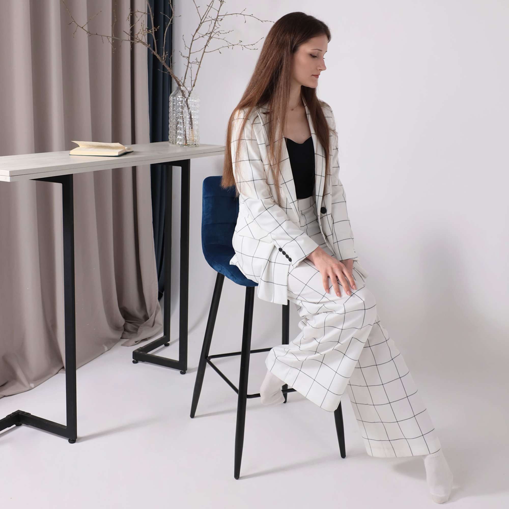 Стул барный Stella, синий, велюр