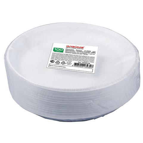 Одноразовые тарелки плоские, КОМПЛЕКТ 100 шт., пластик, d=220 мм, "СТАНДАРТ", белые, ПП, холодное/горячее, LAIMA, 602649