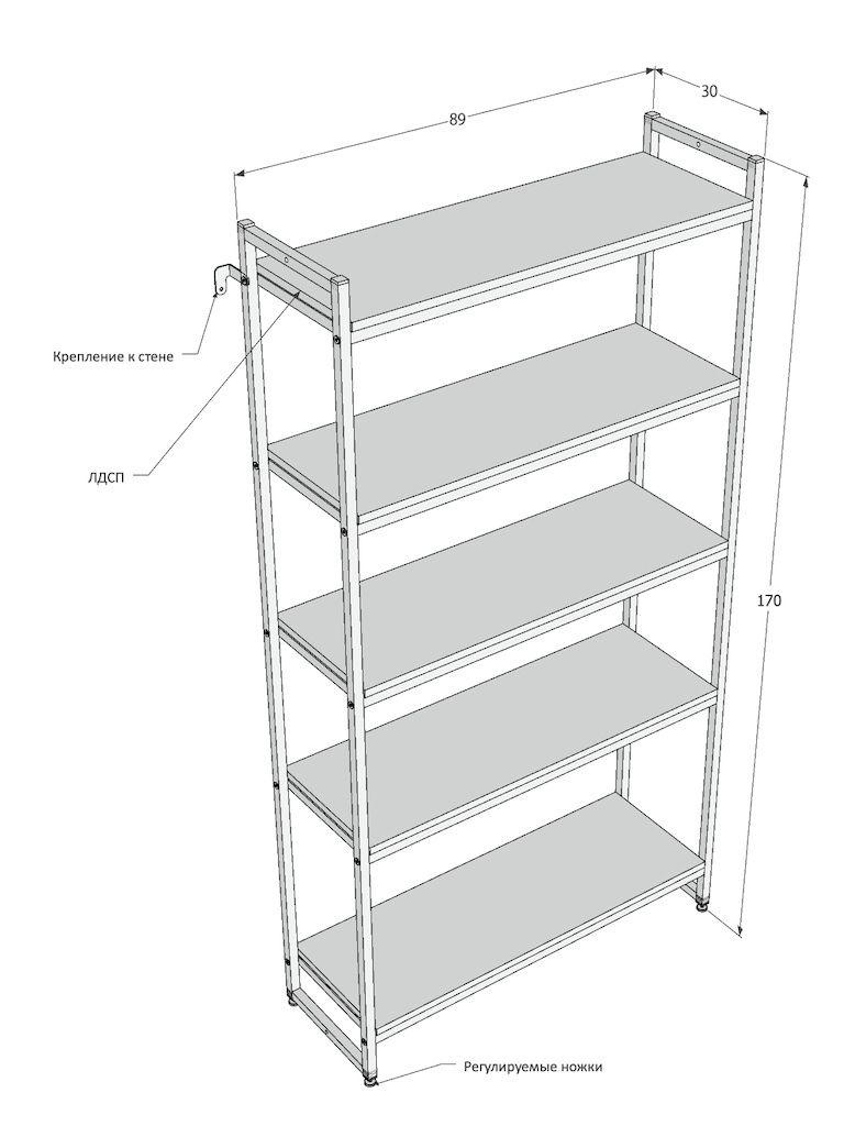 Стеллаж лофт ПД-1709Ч с полками ЛДСП цвета дуб