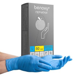 Перчатки нитриловые смотровые 50 пар (100 шт.), размер L, голубые BENOVY Nitrile Chlorinated, ЧЗ, М