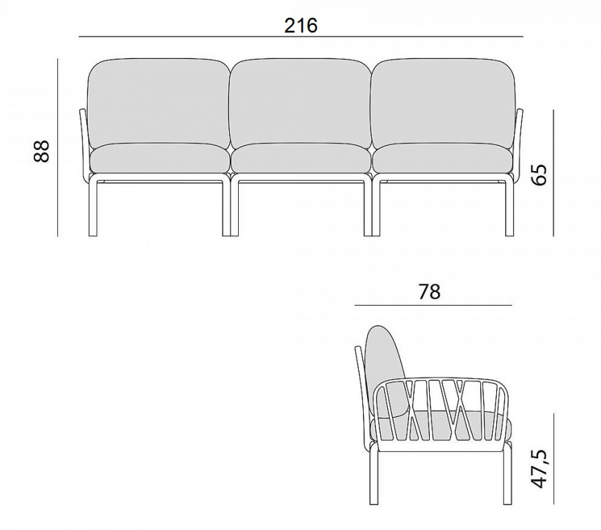 Диван пластиковый с подушками Komodo 3 антрацит, серый