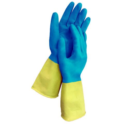 Перчатки МНОГОРАЗОВЫЕ латексные LAIMA "БИКОЛОР", сине-желтые, ОСОБО ПРОЧНЫЕ, хлопковое напыление, размер M (средний), вес 55 г, 700542