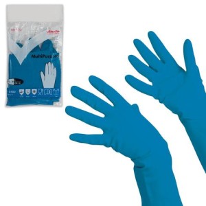 Перчатки МНОГОРАЗОВЫЕ резиновые VILEDA многоцелевые, хлопчатобумажное напыление, ПРОЧНЫЕ, размер 8,5-9, L (большой), синие, вес 66 г, 174355