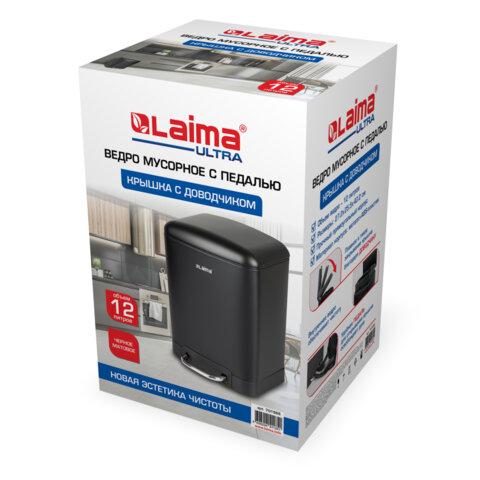 Ведро мусорное с педалью 12 л, крышка с доводчиком, черное матовое, металл, LAIMA ULTRA, 701565