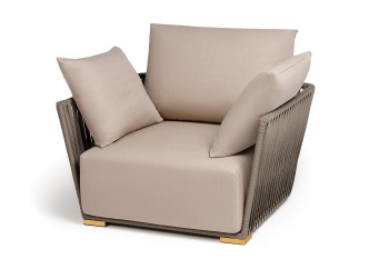 "Форли" кресло плетеное из роупа, каркас алюминий светло-серый (RAL7035) муар, роуп серо-коричневый 23мм, ткань Mossle бежеваяцвет серо-коричневый