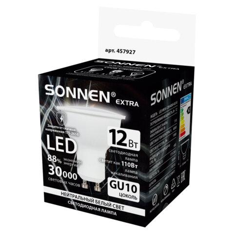 Лампа светодиодная SONNEN EXTRA, 12 (110) Вт, GU10, софит, нейтральный белый, 30000 ч, LED MR16-GU10-12W-4000, 457927