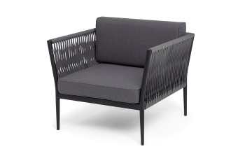 "Касабланка" кресло плетеное из роупа, каркас алюминий черный муар, роуп серый 15мм, ткань темно-серая 027цвет Серый