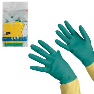 Перчатки МНОГОРАЗОВЫЕ латексные VILEDA, х/б напыление, СВЕРХПРОЧНЫЕ (неопрен), размер 7,5-8, M (средний), зелено-желтые, вес 120 г, 174305