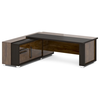 Стол руководителя с тумбой и греденцией (с блоком розеток) L-17 пр/л Grace Nativeцвет Дуб Линдберг темный и Tasso Nero