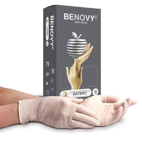 Перчатки латексные смотровые 50 пар (100шт) M (средний) бежевые BENOVY Latex Chlorinated, ЧЗ, шк2834
