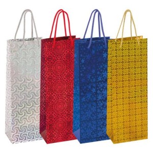 Пакет подарочный для бутылки 13x8x36 см (B), НАБОР 8 шт., 4 дизайна, голография, ЗОЛОТАЯ СКАЗКА, 609735