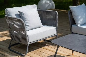 "Багамы" кресло плетеное из роупа, каркас алюминий темно-серый (RAL7024) муар, роуп серый 15мм, ткань светло-сераяцвет Серый